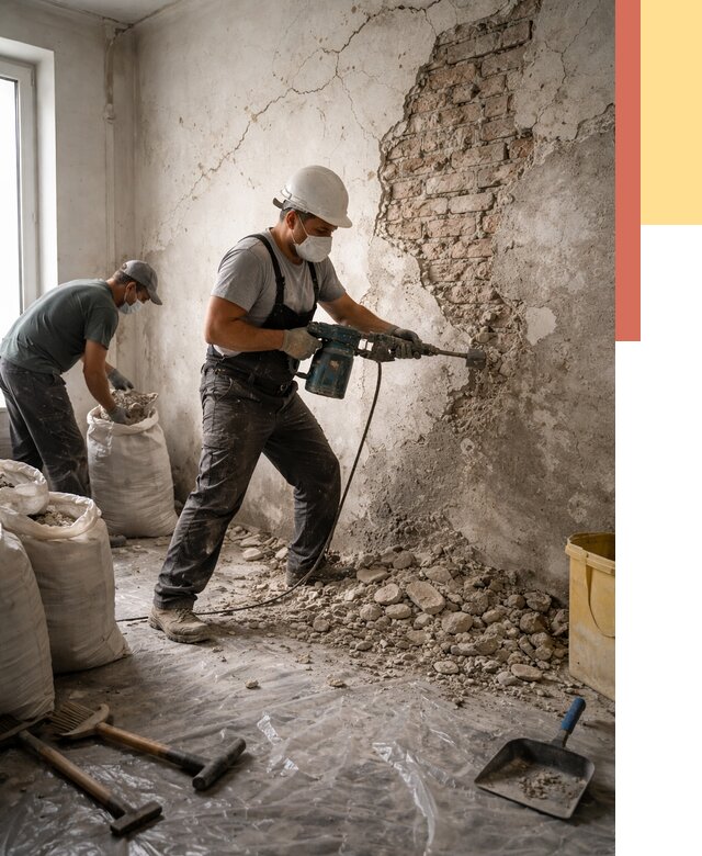 Демонтаж штукатурки со стен в Кингисеппе от 7476 руб/м² — быстро и недорого | ОТДЕЛОЧНИК-Кгп