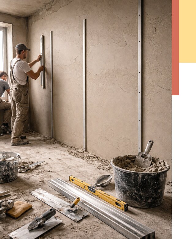 Штукатурка стен по маякам в Кингисеппе от 5711 руб./м² — выравнивание под ключ | ОТДЕЛОЧНИК-Кгп