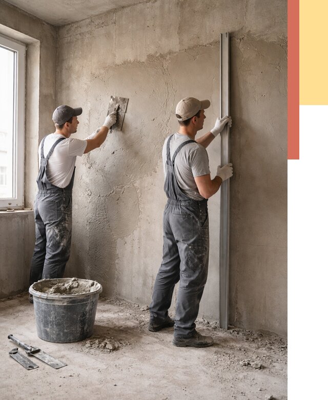 Штукатурка бетонных стен в Кингисеппе от 4673 руб/м² — качественно и быстро | ОТДЕЛОЧНИК-Кгп