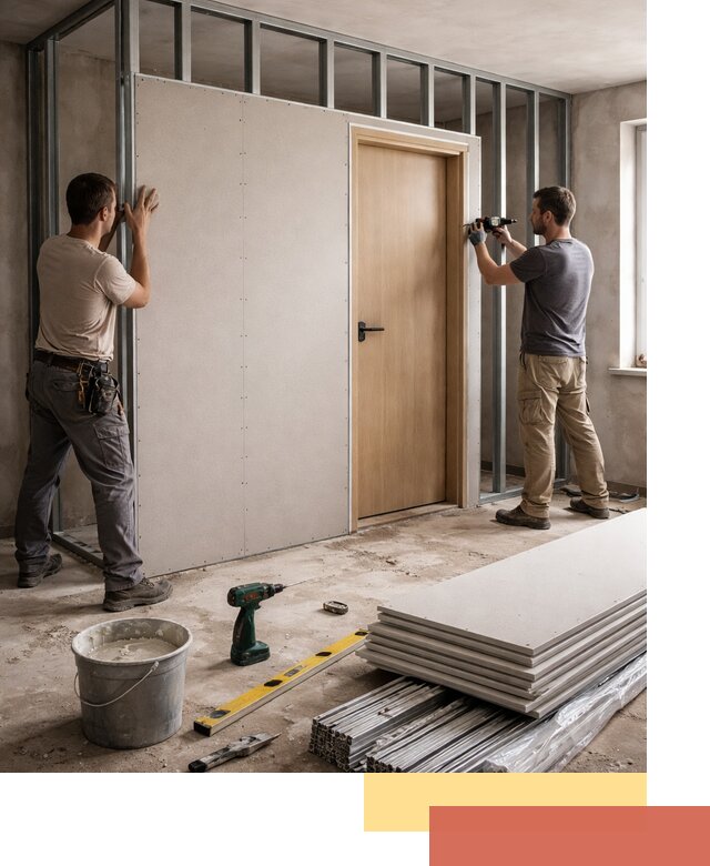 Перегородка из гипсокартона с дверью под ключ в Кингисеппе