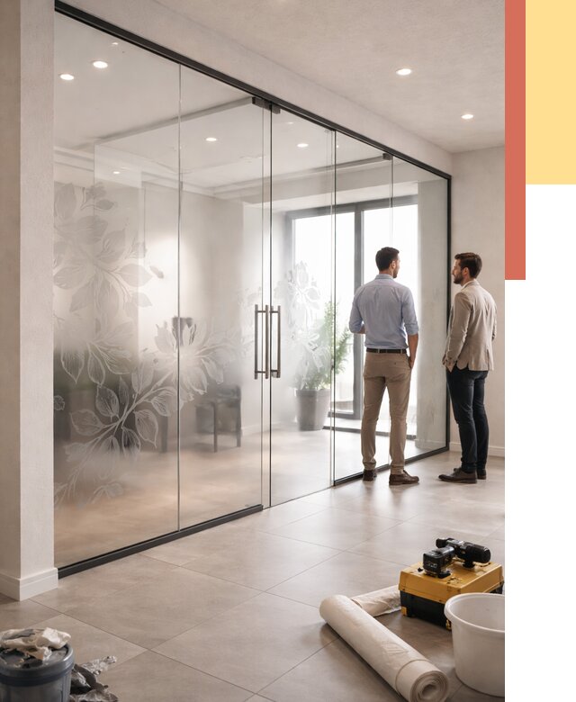 Стеклянные перегородки с рисунком в Кингисеппе от 12980 руб. монтаж и нанесение | ОТДЕЛОЧНИК-Кгп