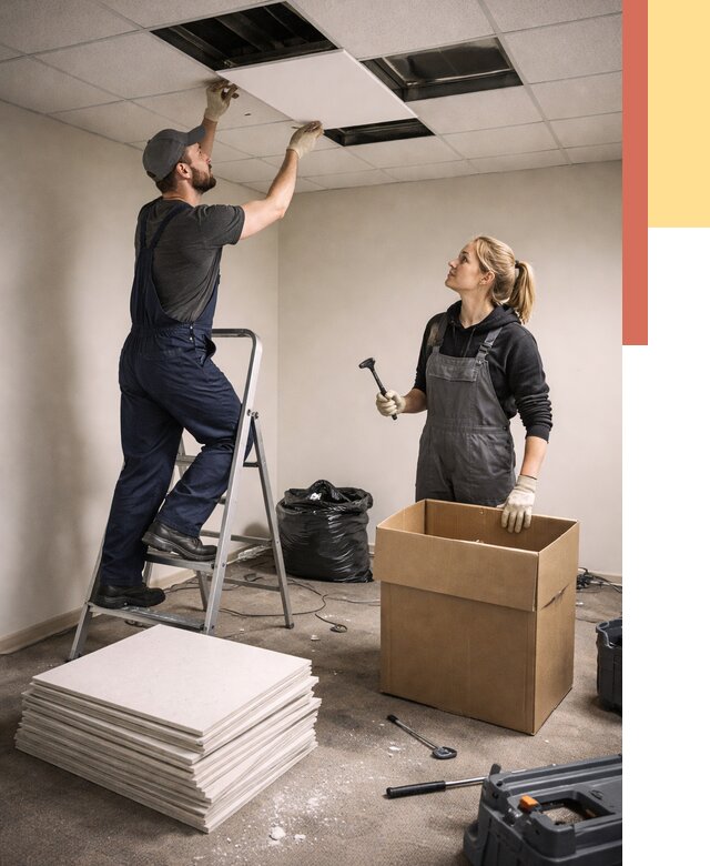 Демонтаж потолочной плитки в Кингисеппе от 4673 руб. быстро и недорого | ОТДЕЛОЧНИК-Кгп