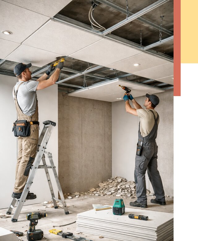 Монтаж акустического потолка в Кингисеппе от 6750 руб/м2 — быстро и недорого | ОТДЕЛОЧНИК-Кгп