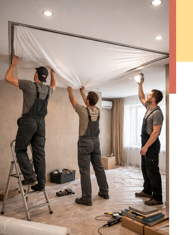 Монтаж ПВХ натяжного потолка в Кингисеппе от 3634 руб. под ключ | ОТДЕЛОЧНИК-Кгп