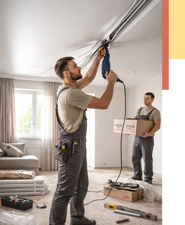 Монтаж сатинового натяжного потолка в Кингисеппе от 3634 руб. | Быстро, недорого — ОТДЕЛОЧНИК-Кгп