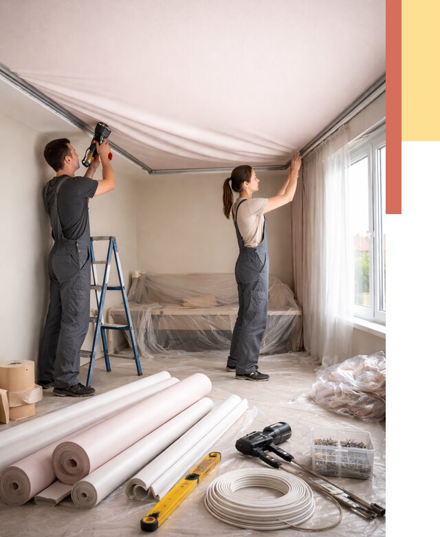 Монтаж цветного натяжного потолка в Кингисеппе от 4361 руб/м² — быстро и недорого | ОТДЕЛОЧНИК-Кгп