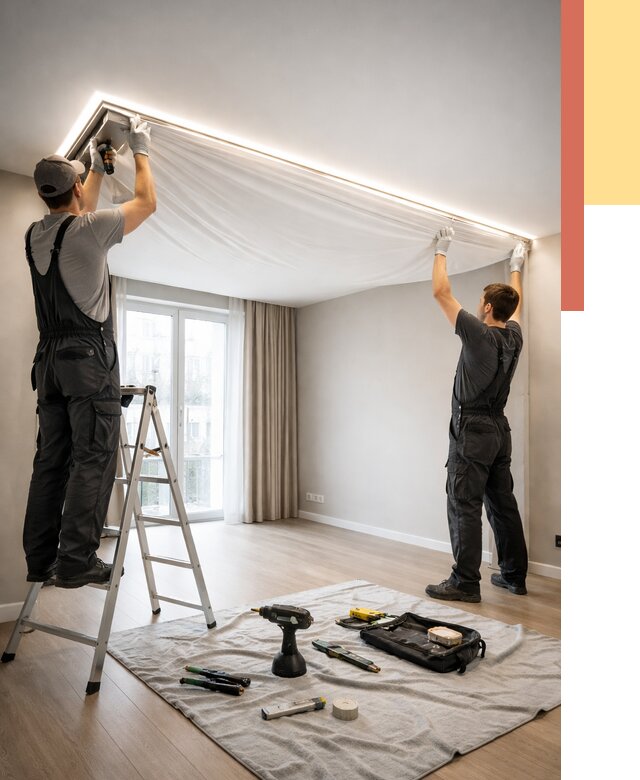 Монтаж парящего натяжного потолка в Кингисеппе от 4673 руб. быстро и недорого | ОТДЕЛОЧНИК-Кгп