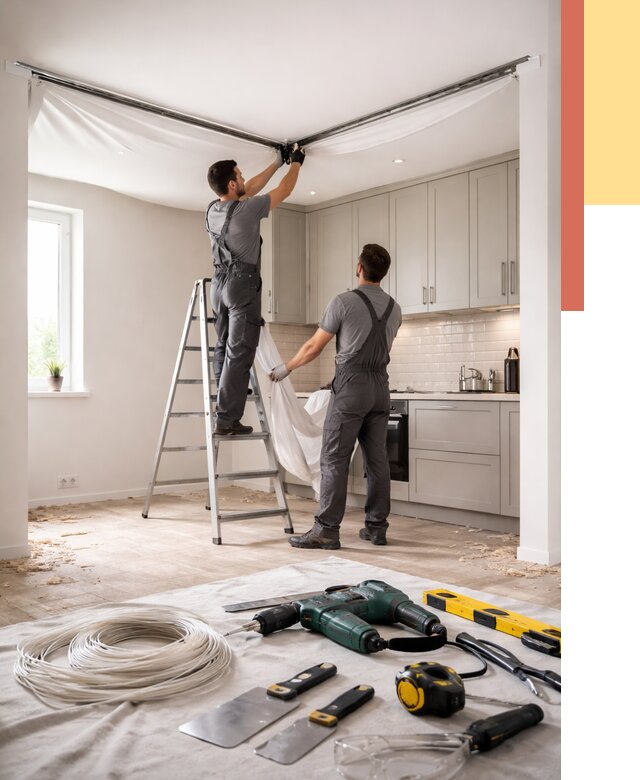 Установка натяжного потолка на кухне в Кингисеппе от 2492 руб. | ОТДЕЛОЧНИК-Кгп