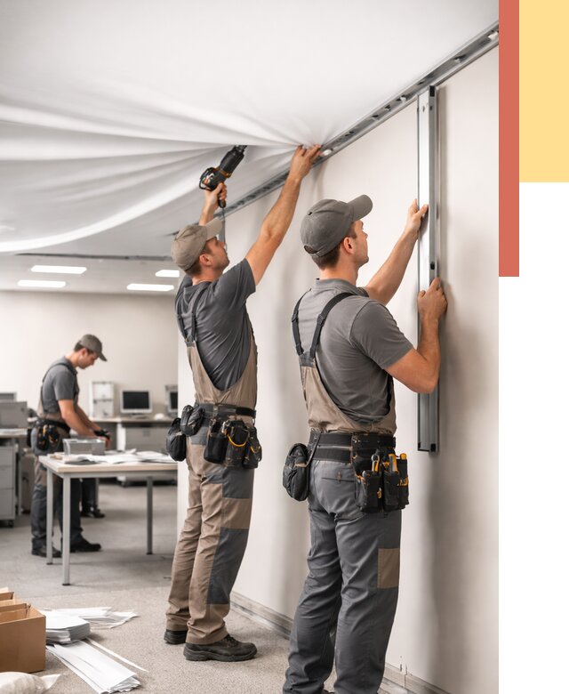 Монтаж натяжного потолка в офисе в Кингисеппе от 467 руб/м² — быстро и недорого | ОТДЕЛОЧНИК-Кгп