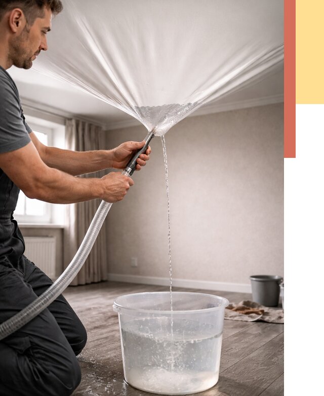 Слив воды с натяжного потолка в Кингисеппе от 2596 руб. быстро и недорого | ОТДЕЛОЧНИК-Кгп