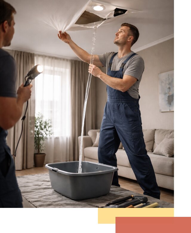 Слив воды с натяжного потолка в Кингисеппе быстро и аккуратно