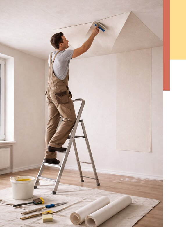 Поклейка обоев на потолок в Кингисеппе от 4673 руб. быстро и недорого | ОТДЕЛОЧНИК-Кгп